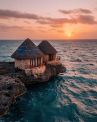 Poster - Tropical Bungalows on Cliffside at Sunset, Ocean View, Luxury Resort, Island Getaway, Eco-Friendly Tourism, Elevated Angle