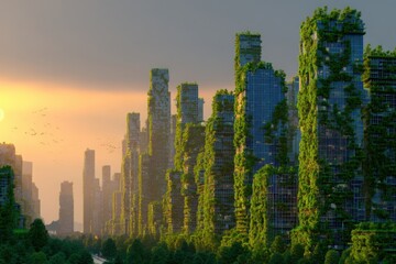 Poster - Lush Greenery Overgrowing Futuristic Cityscape at Sunset; Overgrown Buildings in Urban Environment; Ecological Rebirth Concept
