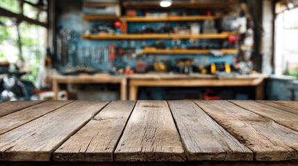 Poster - Rustic Wood Tabletop in Workshop Setting with Tools and Workbench in Background for Product Mockups and Displays