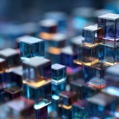 Leinwandbilder - Abstract arrangement of transparent cubes forming a futuristic landscape with blue and gold light reflections studio shot
