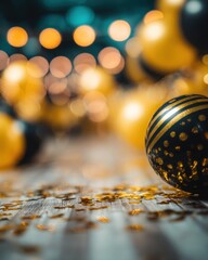 Poster - Festive celebration with gold and black balloons on wood surface low angle view for holiday party event