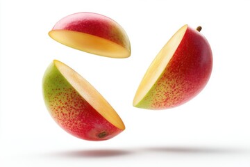 Poster - Sliced Mango Segments Floating in Air Studio Shot Tropical Fruit Still Life Food Photography White Background