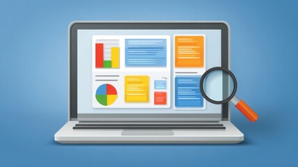 Poster - modern laptop displaying magnifying glass on screen representing search and exploration in digital c