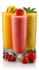 Poster - Three colorful fruit smoothies in glasses on white background studio shot close up healthy drink refreshment