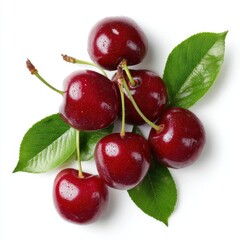 Aufkleber - Overhead shot of fresh ripe cherries with green leaves on white background studio shot healthy food concept