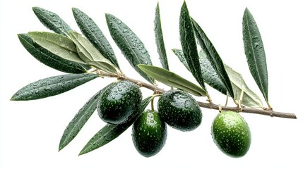 Poster - Close-up of Olive Branch with Fresh Green Olives and Water Droplets on White Background Studio Shot