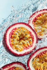 Poster - Sliced Passion Fruit in Refreshing Water Splash Close Up Studio Shot Exotic Tropical Fruit Still Life Food and Drink Photography