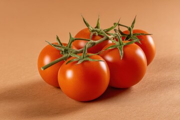 Poster - Fresh vine tomatoes close up still life studio shot on orange background healthy food concept vibrant colors