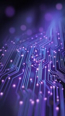 Fototapete - Abstract low angle view of a purple circuit board with glowing nodes for technology or data concept