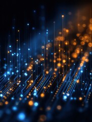 Poster - Abstract circuit board with glowing lights shows data flow in a modern tech style with blue and orange colors