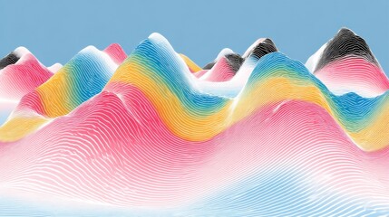 Poster - Abstract Landscape of Colorful Mountain Ridges with White Contour Lines Against Light Blue Sky