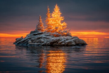 Poster - Christmas trees on rocky island reflecting in water at sunset landscape view holiday season winter scene outdoors