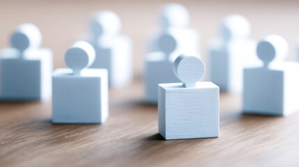 Poster - Group of diverse individuals collaborating in a line of white cubes symbolizing team roles and improved communication