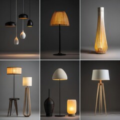 Poster - Collection of Modern Lamps on Grey Background, Studio Shot, Interior Design, Home Decor, Lighting Fixtures, Floor Lamps, Pendant Lights, Stylish Illumination