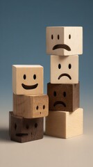 Poster - Stacked wooden blocks with carved face expressions representing different emotions studio shot on gradient background