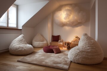 Poster - Cozy playroom interior with beanbag chairs and fluffy cloud light fixture in attic room low angle