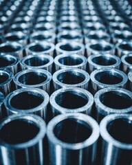 Poster - Rows of Shiny Metal Cylinders Industrial Production Close Up Abstract Perspective Manufacturing Precision Engineering