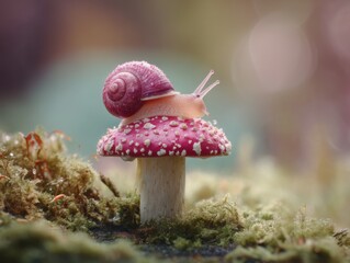 Poster - Snail Crawling on Mushroom in Forest, Close-up Macro Shot, Charming Nature Scene, Pink and Green Tones, Soft Focus