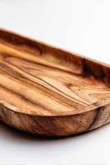 Poster - Close-up of Empty Wooden Tray on White Background, Rustic Style, Top Angle, Natural Wood Grain, Kitchen Decor, Food Presentation, Sustainable Material