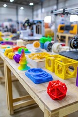 Poster - 3D Printing Showcase Tabletop View of Colorful Prototypes and Models in a Workshop Setting with Machines in Background