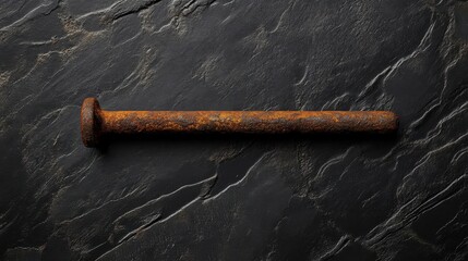 A single rusty nail on a dark background, with a rough texture and signs of oxidation. The aged appearance contrasts with the smooth, deep black surface.