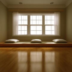 Poster - Zen Room Interior with Cushions and Natural Light from Window, Minimalist Design, Neutral Tones, Clean Lines, Serene Ambiance