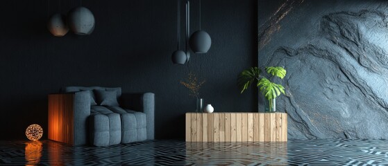 Poster - Dark Interior Design with Gray Sofa and Wooden Cabinet Featuring a Stone Wall and Pendant Lights in a Modern Style