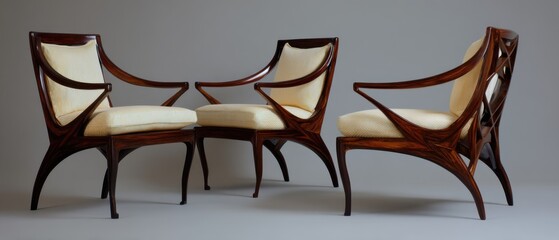 Aufkleber - Three elegant armchairs in studio setting showcasing modern design and craftsmanship with focus on wood grain and fabric texture