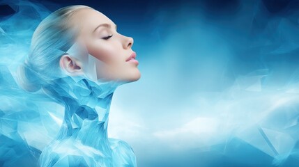 Poster - Woman surrounded by ethereal blue smoke creating a mystical atmosphere in trend correlation node concept for pattern recognition