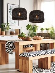 Aufkleber - Interior of bright dining room with wooden table benches and woven pendant lights; modern design with plants and natural light