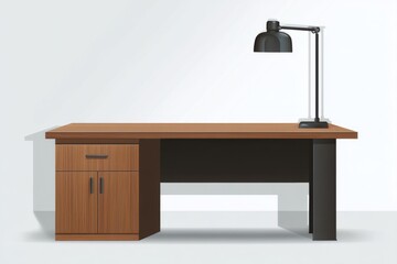 Poster - Empty wooden desk with drawers and lamp in studio shot; clean workspace concept; office furniture illustration; front view; table and lighting