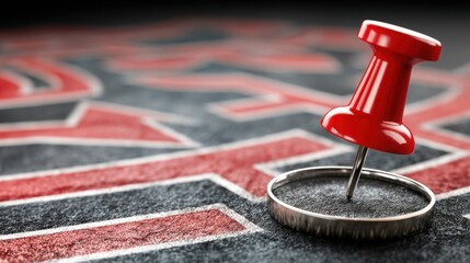 Poster - Red pin placed on a black surface symbolizing trend reset and trigger locating in financial market analysis