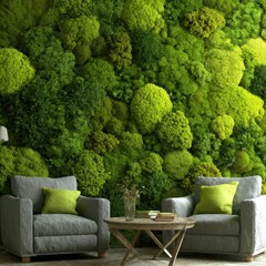 Aufkleber - Living room interior design featuring moss wall and gray armchairs with green pillows, natural light, close-up shot, indoor
