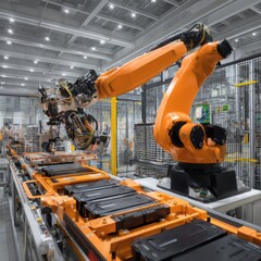 Poster - Industrial robots assembling product on production line in factory setting eye level shot