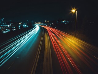 Poster - highway at night with light trails long exposure shot from above view of traffic moving fast
