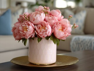 Poster - Pink peony bouquet in vase on table in living room interior home decor still life close up angle