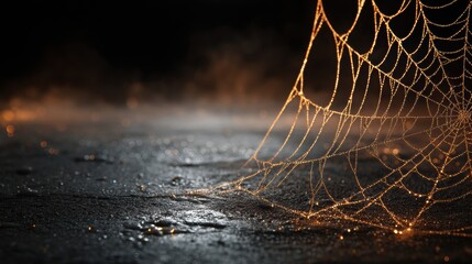 A delicate spider web, shimmering with golden light on the wet asphalt at night. The background is blurred to emphasize the detailed texture of each line and thread in the intricate pattern of the web