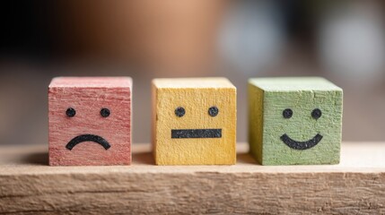 Poster - Three wooden blocks with faces illustrating trust and emotional engagement in a conceptual visual representation