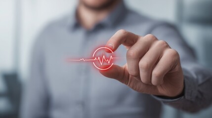 Poster - Man interacting with heartbeat line to represent trust, pulse frequency, and emotional timing in healthcare context