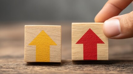 Poster - hand holding wooden block featuring red and yellow arrow representing economic indicators and market