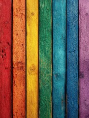 Poster - Colorful wooden planks arranged vertically in a vibrant rainbow pattern, close-up shot, rustic style, studio setting