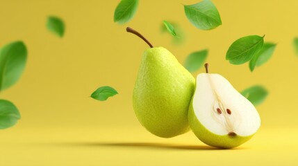 Poster - Fresh Green Pears Still Life with Floating Leaves on Yellow Background Studio Shot Close Up Healthy Eating Diet Food