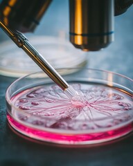 Poster - Close up of microscope examining petri dish with pink liquid in laboratory research setting science background