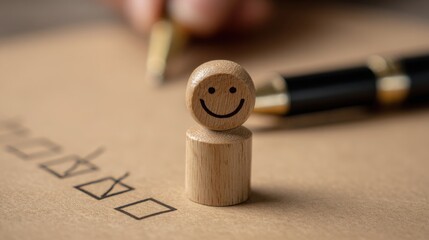 Poster - Wooden figure holding a pen representing user feedback summarization and distillation of opinions and ideas