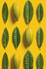 Poster - Overhead Flat Lay of Green Mangoes and Leaves on Yellow Background Tropical Fruit Still Life