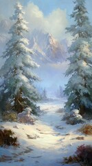 Aufkleber - Snowy Mountain Vista Oil Painting with Evergreen Trees and Path in Winter Landscape Art Style
