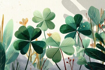 Poster - Illustrated Clover Patch in Sunlight Detailed Botanical Art for St Patricks Day Luck and Springtime