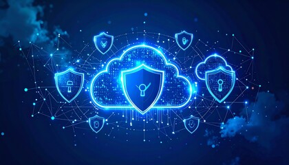 Poster - a digital cloud with security shields representing cybersecurity and data protection in a connected 