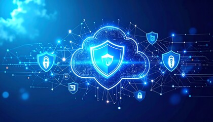 Poster - a digital cloud graphic featuring shields and locks, symbolizing cybersecurity and data protection i
