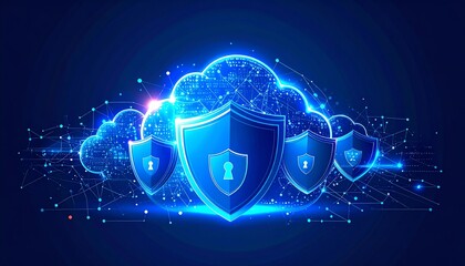 Poster - digital cloud security concept featuring multiple shields and a network of connections, symbolizing 